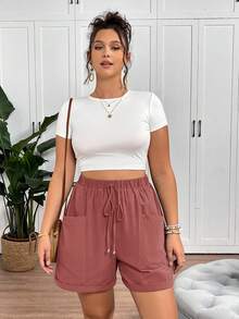 SHEIN Tall CURVE Women's Plus Size Fashionable Casual Loose Shorts With Pocket Design - Pink - View 4