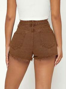 SHEIN PETITE Shorts vaqueros de mujer con bolsillos deshilachados - Marrón - Ver 2
