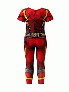 Young BoyCasual Short Sleeve Cartoon Character Print Zipper Back Jumpsuit With Contrast Cape, Spring/Summer - Red - View 3