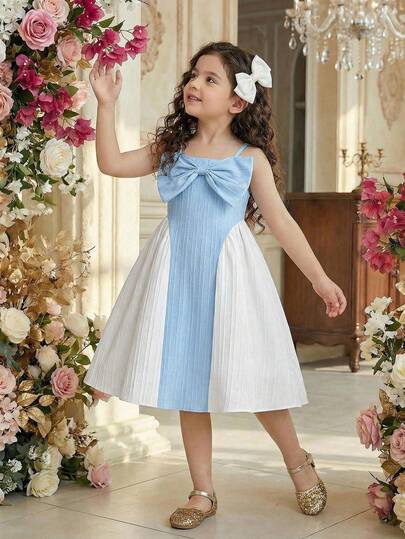 女童撞色蝴蝶结装饰吊带裙