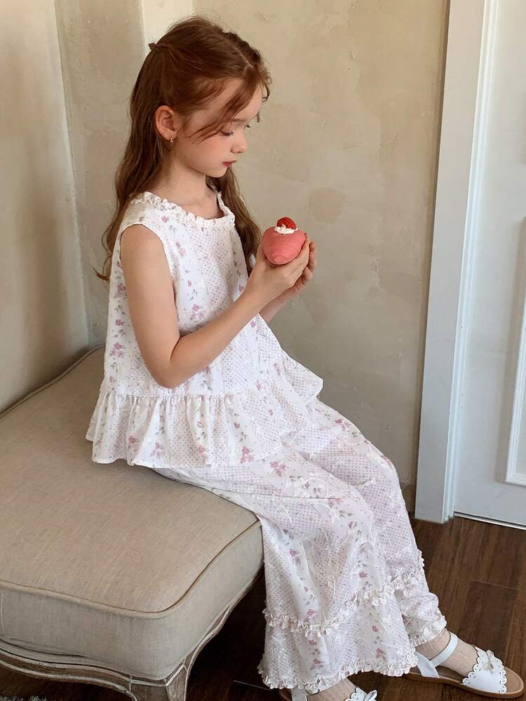 Tween Girls Floral Print Frill Trim Shirt & Pants 2-Piece Set, Fall Summer