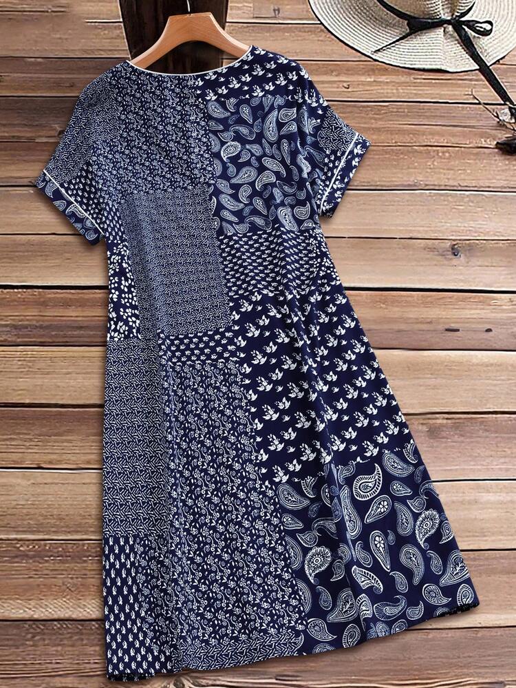 Plus Size Women Vacation Cashew Print V-Neck Short Sleeve Dress\Summer Summer Dress  Summer Outfits Summer Clothes Spring Dress Spring Outfit Women Spring Clothing Country Style For Women Country Dress For Women Vacation Outfits Women