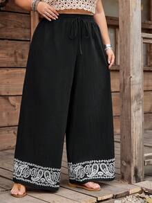 SHEIN CURVE+ Curve 尺码 US22 音乐节、海滨度假、波西米亚风女式印花休闲阔腿裤，时尚日常西部风波西米亚90年代音乐节夏季复古波西米亚春假狂欢波西米亚裤女款夏季裤女阔腿裤 - 黑色 - 查看 5