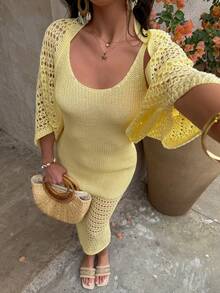 Selianne Spring/Summer New Vacation Vibe Outfit, Hollow-Out Knit Shawl & Spaghetti Strap Dress Set, Women Sweater 2 Pieces Set - Yellow - View 5