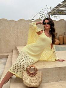 Selianne Spring/Summer New Vacation Vibe Outfit, Hollow-Out Knit Shawl & Spaghetti Strap Dress Set, Women Sweater 2 Pieces Set - Yellow - View 1