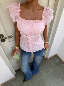 Almamuse Áo kiểu nữ phong cách boho thanh lịch và thoải mái, màu hồng viền ren, cài cúc phía trước, tay bồng, thích hợp cho kỳ nghỉ thư giãn, buổi hẹn hò lãng mạn, ngày đi học hoặc kỳ nghỉ biển. - Hồng - Xem 4