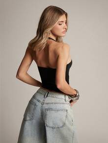 Hauture Top halter corto ajustado de unicolor con metal conectado para mujer - Negro - Ver 7