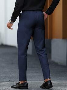 Manfinity Mode Men's Casual Versatile Solid Color Suit Pants Navy Blue Dress Pants Men Men Slim Fitted Pants - Navy Blue - View 2