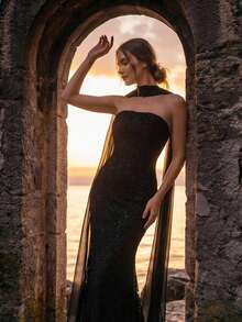 Coutiva 高级无肩带修身纯色正式礼服，高端奢华派对礼服，女士晚礼服，黑色柔软连衣裙，夏季连衣裙，蕾丝连衣裙，长裙，适合婚礼宾客、情人节等场合 - 黑色 - 查看 3