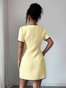 Rafferiza Elegant Business Casual Round Neck Trim Waist Button Short Sleeve Mini Dress, Suitable For Spring And Summer - Light Yellow - View 2