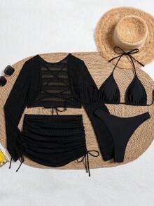 SHEIN Swim 女士夏季沙滩纯色吊带系带性感比基尼套装，含罩衫和罩裙 - 黑色 - 查看 9