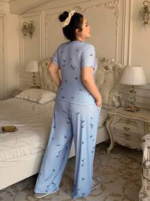Dazy Plus Piyama Set Kaos Lengan Pendek dan Celana Panjang Motif Kupu-kupu Nyaman Ukuran Besar, Musim Panas - Biru - View 4
