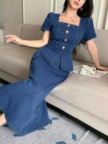 DAZY Bộ đồ denim nữ thanh lịch gồm áo tay ngắn ôm dáng và chân váy dài, thích hợp cho mùa xuân và hè. - Màu xanh lam - Xem 1