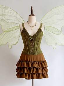 ROMWE Fairycore Áo camisole ngắn ôm sát lấy cảm hứng từ thiên nhiên dành cho nữ mùa hè, phối ren tương phản. - màu xanh lá - Xem 1