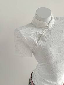 Elamini 白色蕾丝花卉立领纽扣前襟修身短袖衬衫，优雅甜美可爱浪漫简约通勤日常休闲百搭 - 白色 - 查看 5