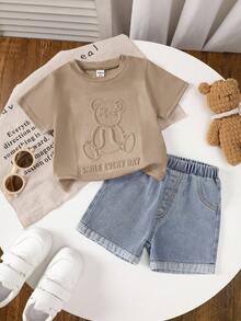 SHEIN 2pcs/Set Baby Boy Cute Cartoon Print Knit Short Sleeve T-Shirt & Elastic Waist Blue   Shorts Set, Summer - Khaki - View 2