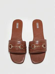 CUCCOO BIZCHIC Women's  Black/Brown Gold Buckle Slide Sandals Contrast Stitching Flat Slippers Casual Summer Daily Shoes - Brown - View 2