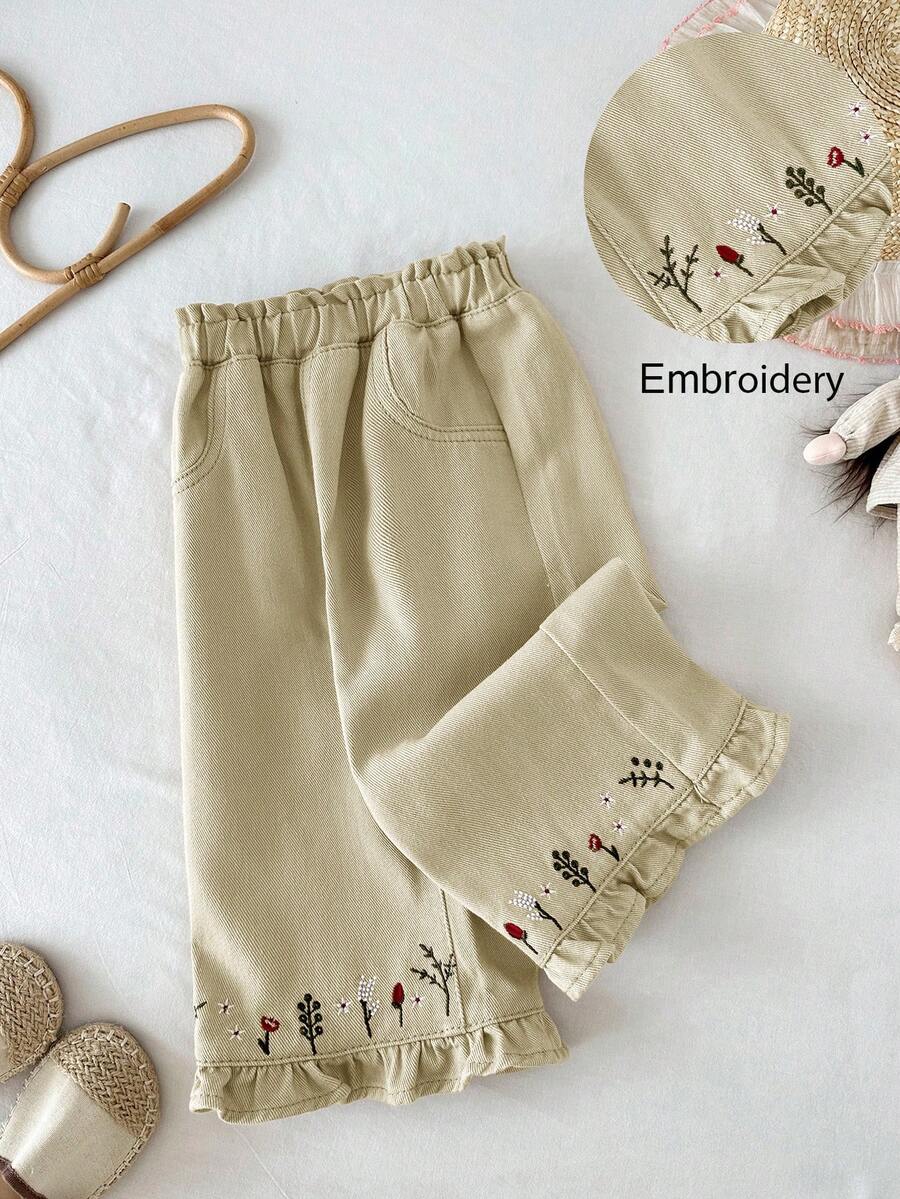 LMoss Kids Quần jean kaki dáng rộng thêu hoa cho bé gái - Màu be - Xem 1