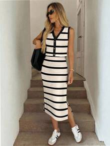 SHEIN LUNE Conjunto de 2 piezas de chaleco de punto con botones y minifalda casual, adecuado para primavera/verano - Multicolor - Ver 5