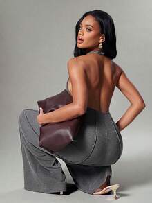 Hauture Women's Sexy Casual Halter Neck Rib Seam Overlock Detail Backless Jumpsuit - Grey - View 5