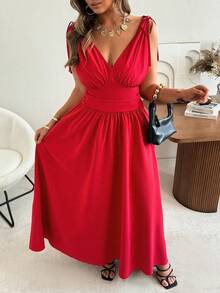 Vionelle Plus Size Women's V-Neck Pleated Cinched Waist Sleeveless Elegant Satin Red Dress,Summer Party Maxi Dresses Formal Wear - Red - View 6