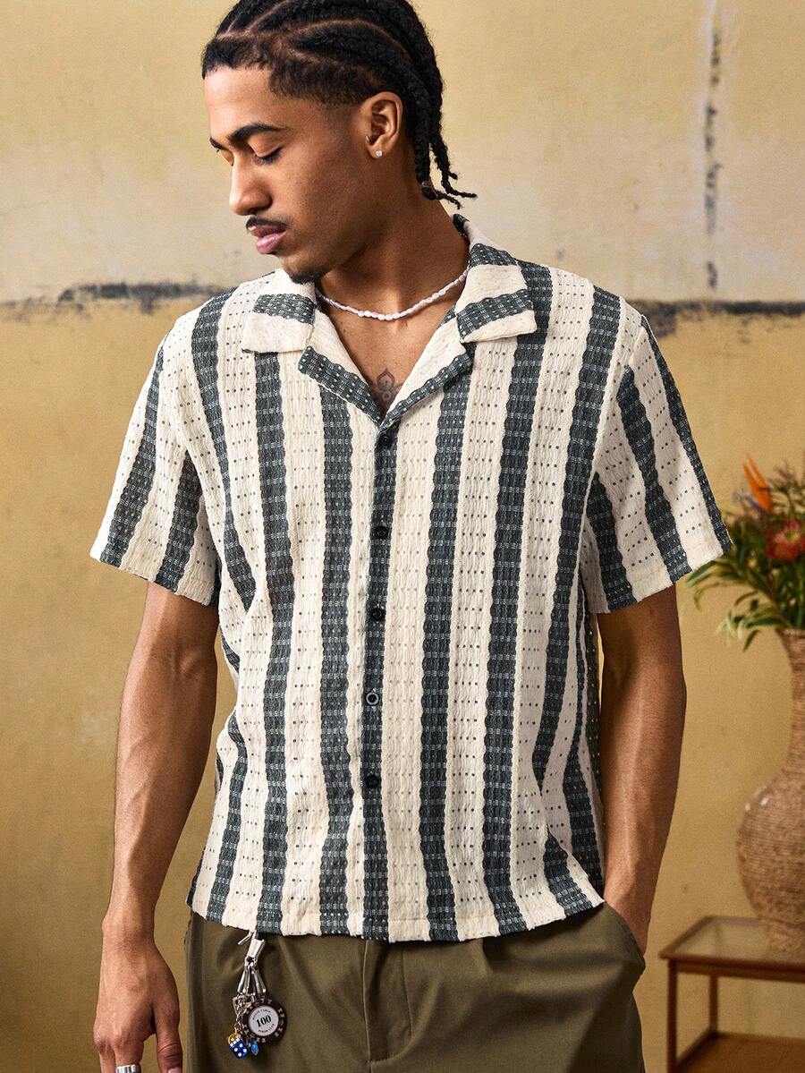 ROMWE MEN Men's Cuban Collar Striped Casual Vacation Shirt - Multicolor - View 1