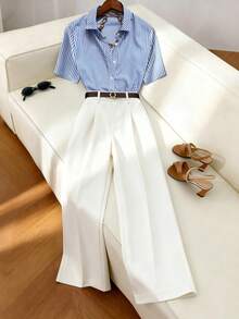 Airaco 2pcs Casual Commuter Striped Short Sleeve Shirt With Belt Decor And Straight Leg Pants Set - Multicolor - View 1