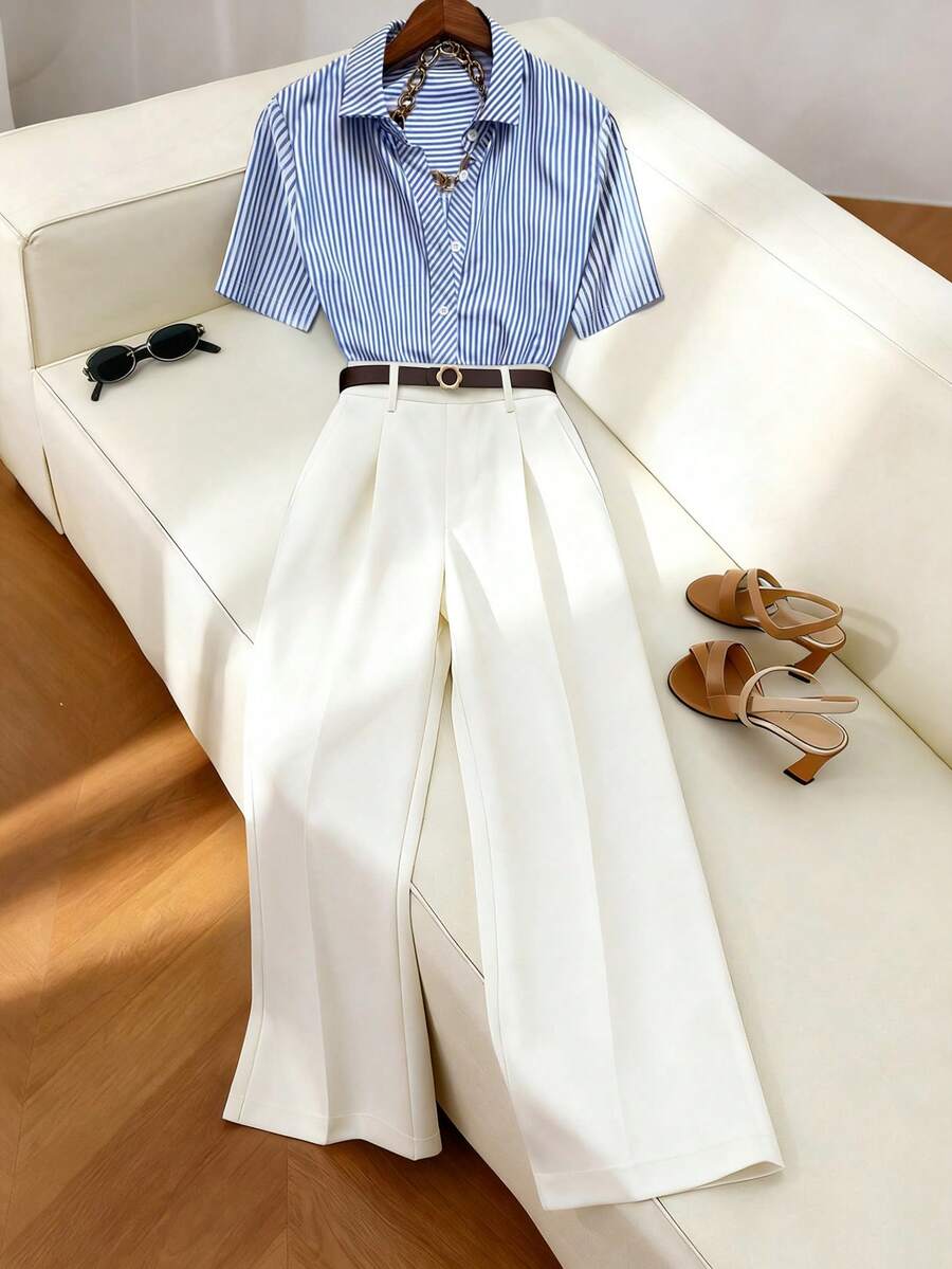 Airaco 2pcs Casual Commuter Striped Short Sleeve Shirt With Belt Decor And Straight Leg Pants Set - Multicolor - View 1