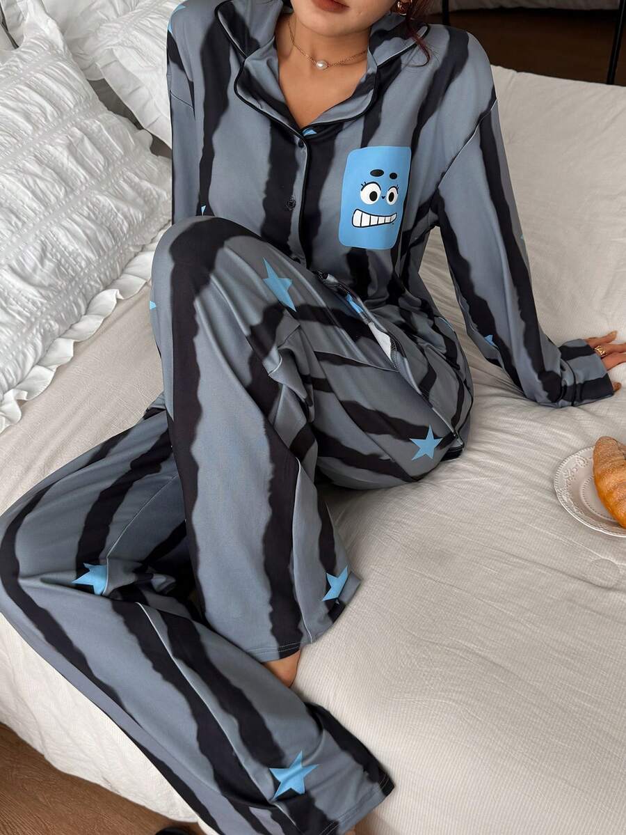 DAZY 2pcs Striped Star Pattern Loose Cardigan Long Sleeve & Straight Leg Pants Pajama Set, Spring & Autumn For Women - Dark Grey - View 1