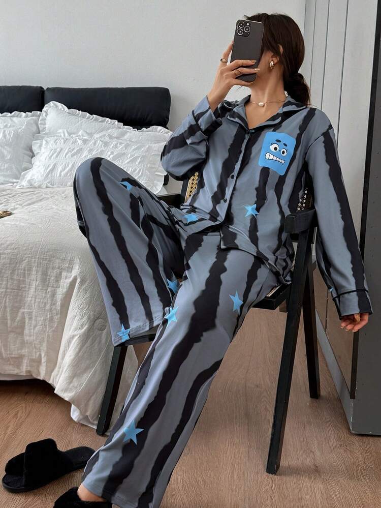 2pcs Striped Star Pattern Loose Cardigan Long Sleeve & Straight Leg Pants Pajama Set, Spring & Autumn For Women