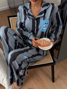 DAZY 2件套条纹星形图案宽松开衫长袖直筒裤睡衣套装，春秋季女装 - 深灰色 - 查看 8