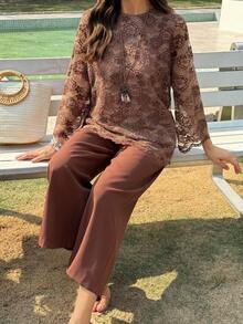 Vivie Lora 女士蕾丝圆领中袖上衣和裤子优雅两件套夏季 - 棕色 - 查看 1