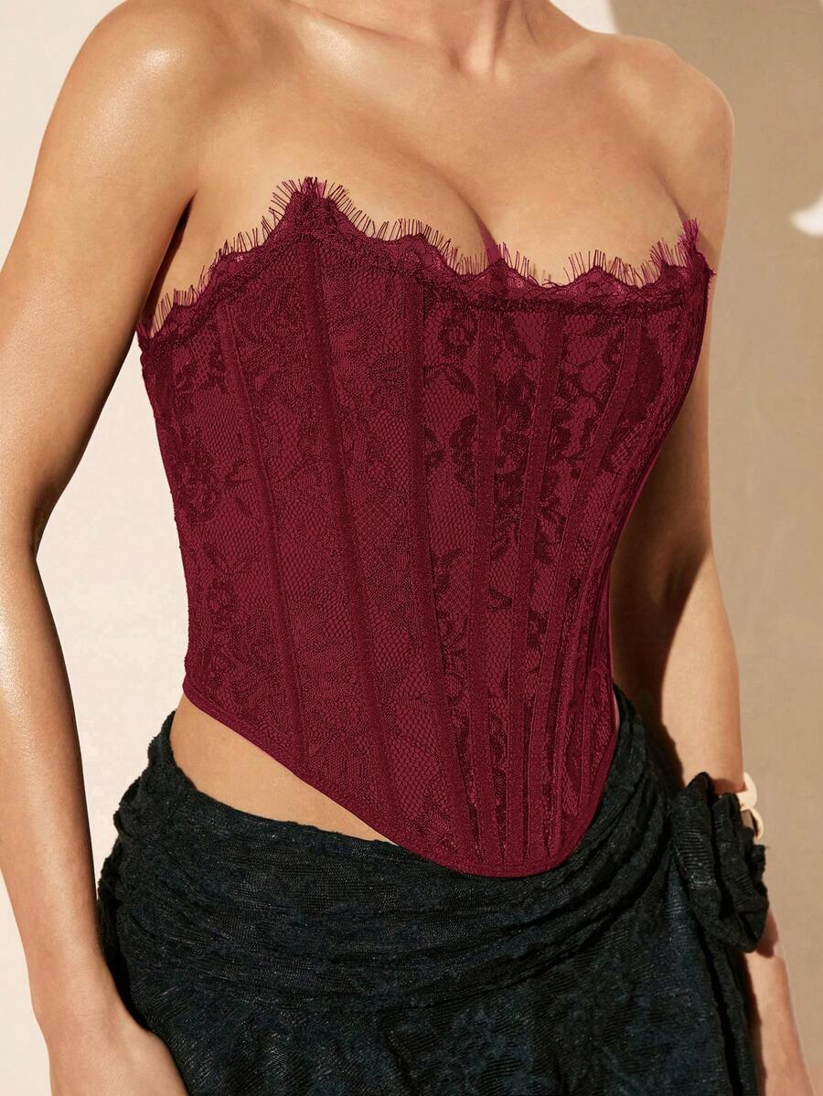 SHEIN BAE 夏季海滩度假纯色蕾丝文胸上衣,适合日常约会、夜间外出、夜店、派对、聚会、鸡尾酒会、泳池派对、返校季服装、学期服装、假日服装、办公通勤服装,束身胸衣 - 紫紅色 - 查看 1