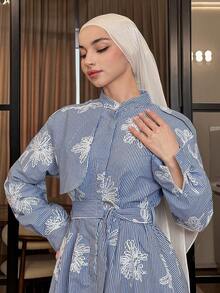 DAZY Women's Casual Striped 3D Floral Waist Belt Shirt Dress, Mid-Length, Spring - Blue - View 1