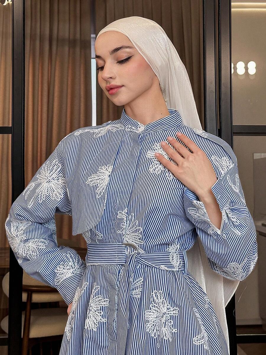 DAZY Women's Casual Striped 3D Floral Waist Belt Shirt Dress, Mid-Length, Spring - Blue - View 1