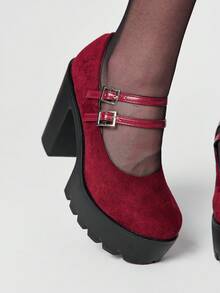 ROMWE Goth Women Pumps - Red cloth surface + double bag. - View 5