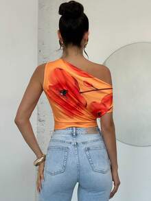 Firerie Elegant Women's Orange Floral Asymmetric One Shoulder Short Sleeve Cropped T-Shirt,Boho Summer Top For Beach Vacation,Holiday,Afternoon Tea Crop Top - Multicolor - View 2