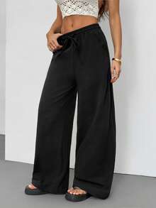 SHEIN Tall Quần nữ mùa hè/mọi mùa, phong cách đồng quê, đi xem hòa nhạc, đi biển, boho, tối giản, chất liệu 100% cotton, ống quần cong. - màu đen - Xem 4