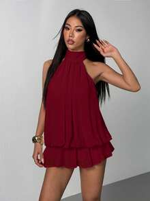 SHEIN PETITE 女款優雅米色掛脖綁帶迷你洋裝、女款酒紅色上衣短褲套裝、露背洋裝，適合嬌小女性 - 酒紅色 - 查看 7