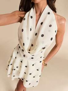 SHEIN BAE White With Black Polka Dots,Summer,70s,Party Elegant Draped Neck Asymmetric Ruffle Hem A-Line Dress,Apricot & Black Casual Vacation Wedding Banquet - Apricot - View 3