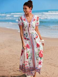 Travachic Tropical Print Tie Front Beach Dress - Multicolor - View 3
