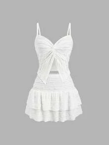 Sweetra French Sweet Ruffle Strap Twist Top & Layered Ruffle Hem A-Line Mini Skirt 2 Pieces Set, Spring/Summer For Women - White - View 3