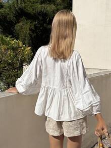 DAZY Women's Loose Textured Lantern Sleeve Tie Bow Casual Summer Blouse - White - View 4