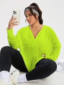 Rhythm Era Plus Size Women Neon Green Zip-Up Drawstring Hooded Mesh Breathable Sports Jacket - Green - View 5