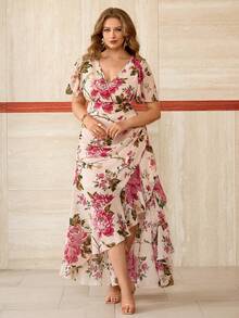 Roveilla Plus Size V-Neck Chiffon Floral Print Ruffle Sleeve Pleated Split Hem Flowy Elegant Vintage Maxi Dress For Party & Holiday - Pink - View 8