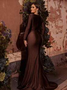 Glamrae 大码优雅简约棕色不对称领口泡泡珠长袖褶皱拼接鱼尾裙摆正式礼服 - 咖啡棕 - 查看 3