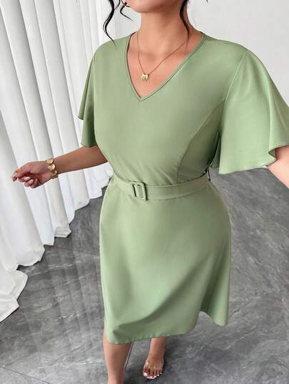 Elenzga Vestido elegante de manga corta con volantes en el bajo, de unicolor y corte evasé, adecuado para la oficina, el transporte, eventos de moda y versátil, fiestas, Día de la Madre, Día del Maestro, verano