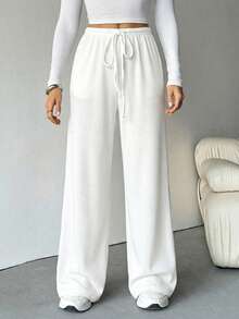 SHEIN Tall Women's Ribbed Brushed Wide Leg Pants, Suitable For Autumn/Winter - White - View 3