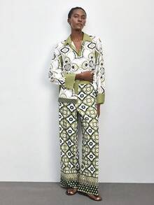 Maija 两件套女士印花长袖上衣和阔腿裤，休闲日常穿着 - 彩色 - 查看 8