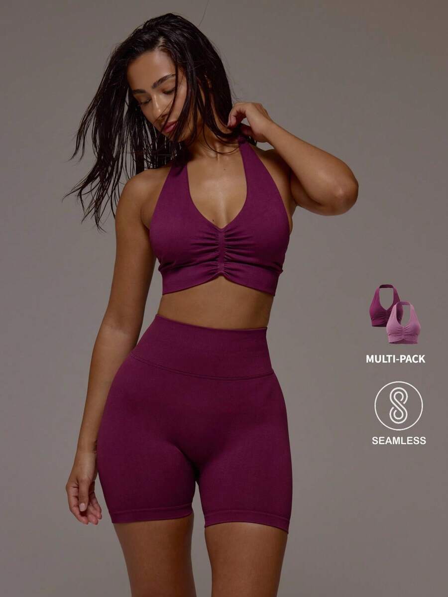 Musera Sport 2件装挂脖式褶皱前片运动文胸多件装，适合运动健身、健身房、普拉提、日常休闲穿着，烟晶色 - 彩色 - 查看 1